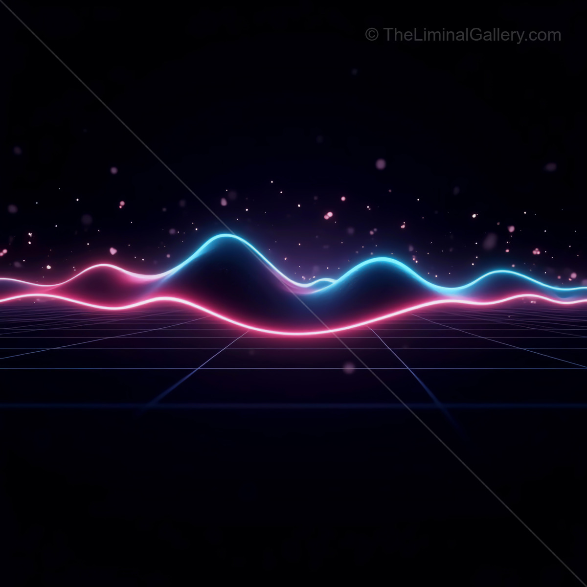 Vibrant waves of light dance across a digital landscape at night