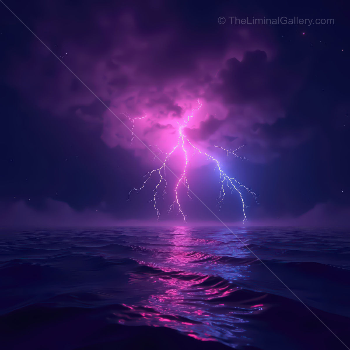 Vivid lightning dances across a synthwave ocean under a cosmic sky filled with vibrant hues and enchanting energy