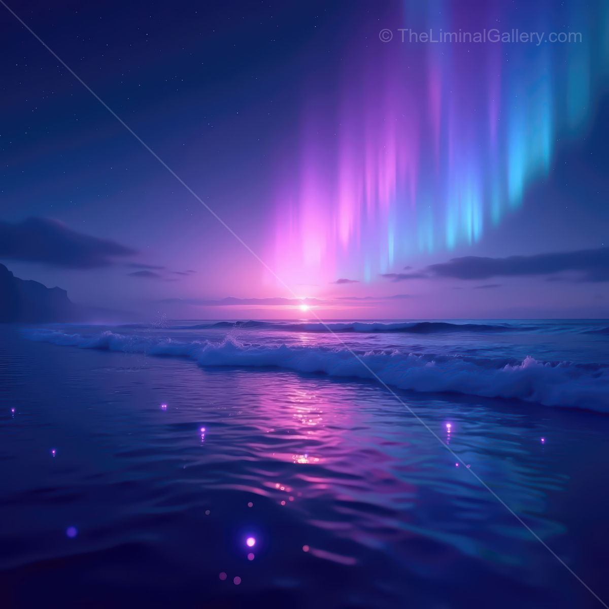 Endless waves dance beneath a vibrant synthwave sky at twilight by the ocean