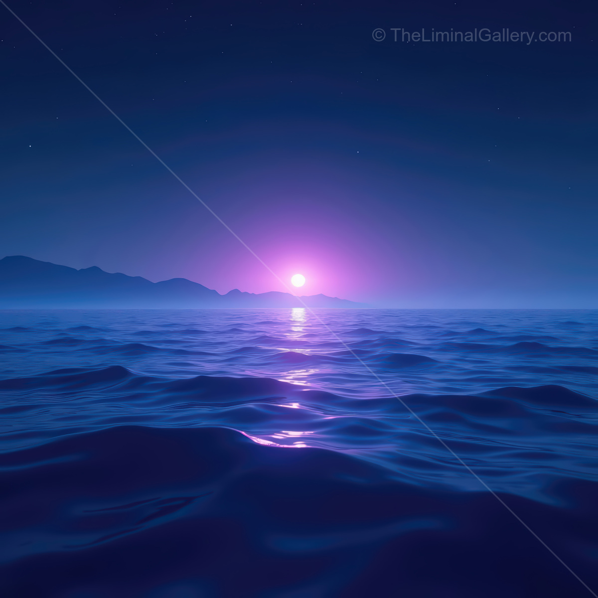 Vivid synthwave ocean sunset casting neon reflections over tranquil waves and distant mountains