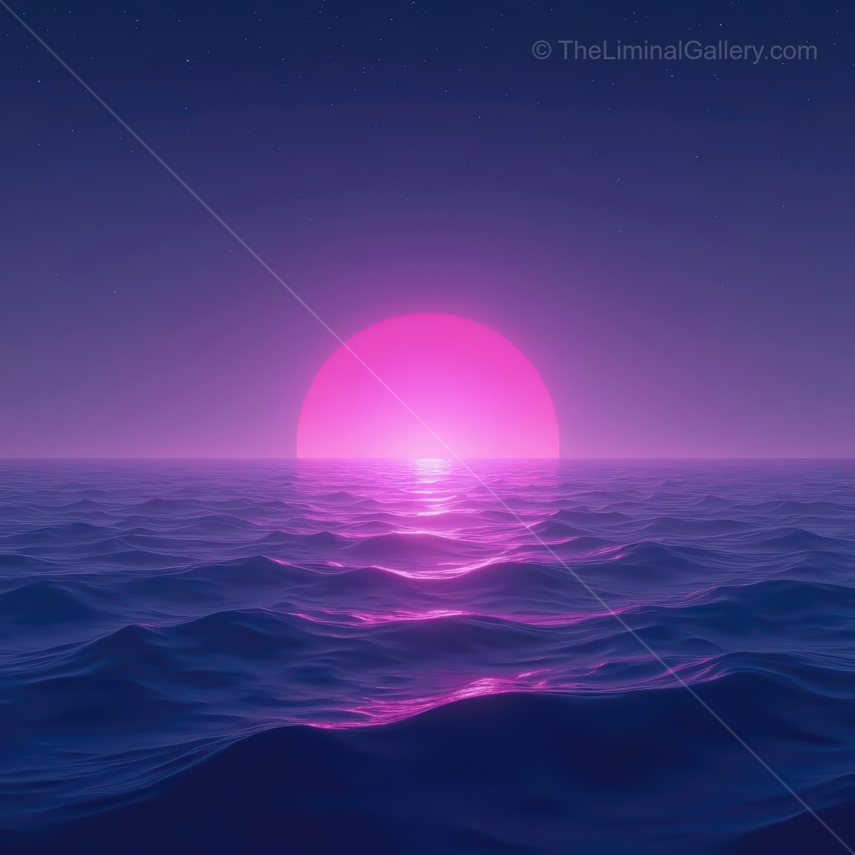 Stunning synthwave ocean under a vibrant pink sunset illuminates the calm waves