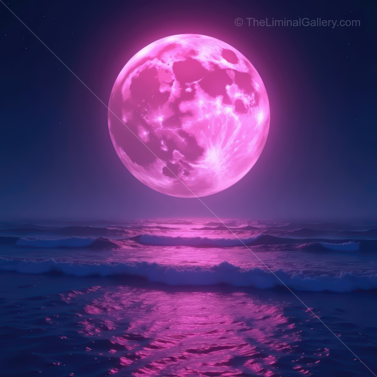 Vibrant synthwave ocean scene under a glowing pink moon reflecting on the serene waves