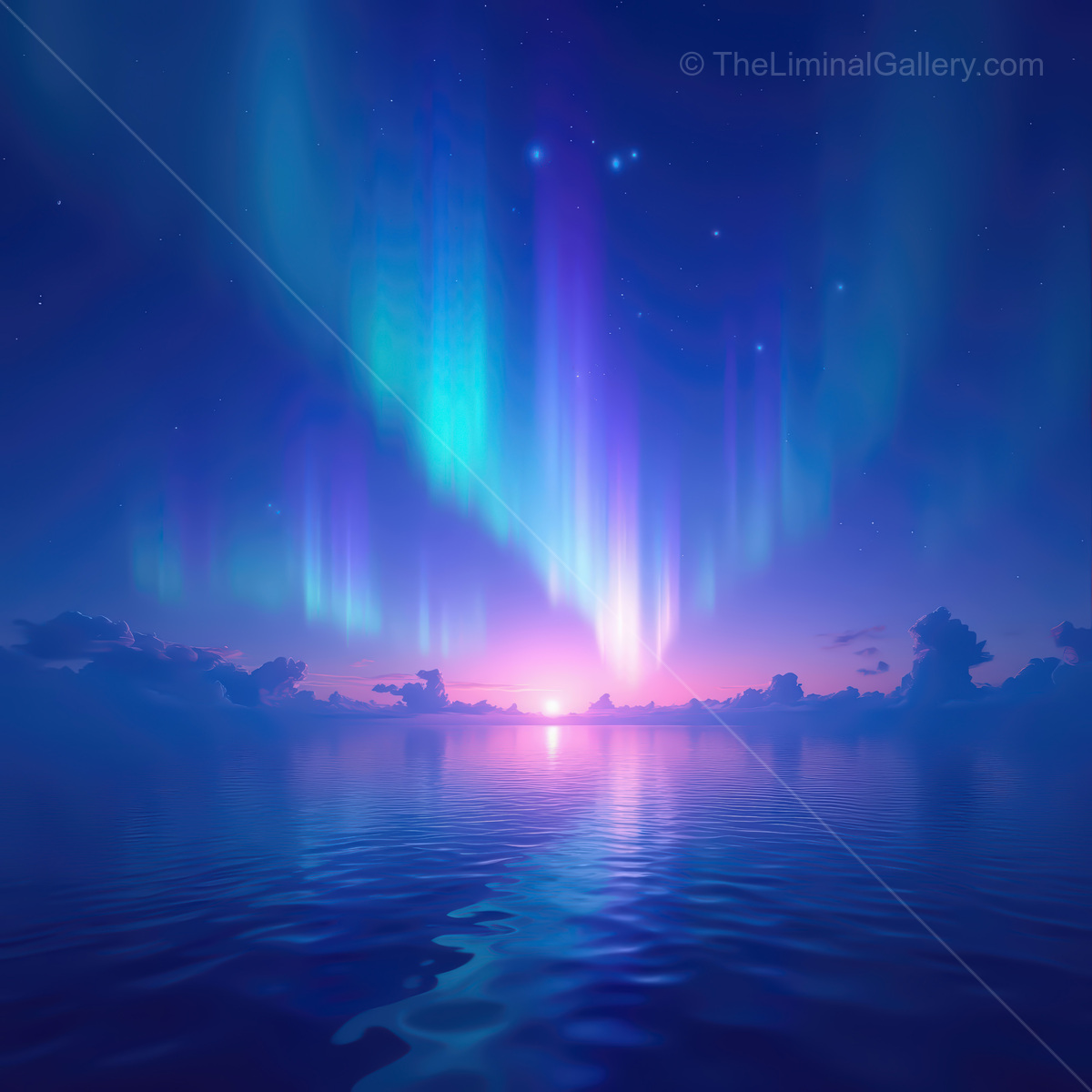 Vibrant synthwave ocean at sunset under colorful aurora skies illuminating serene waters