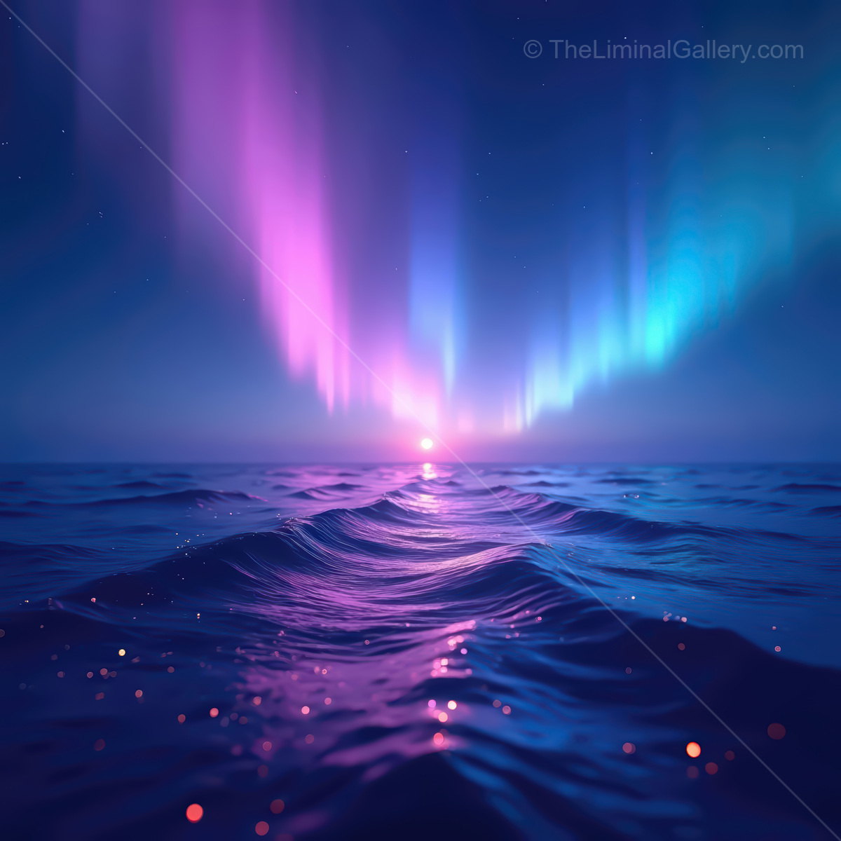 Vibrant synthwave ocean waves reflecting colorful auroras at sunset