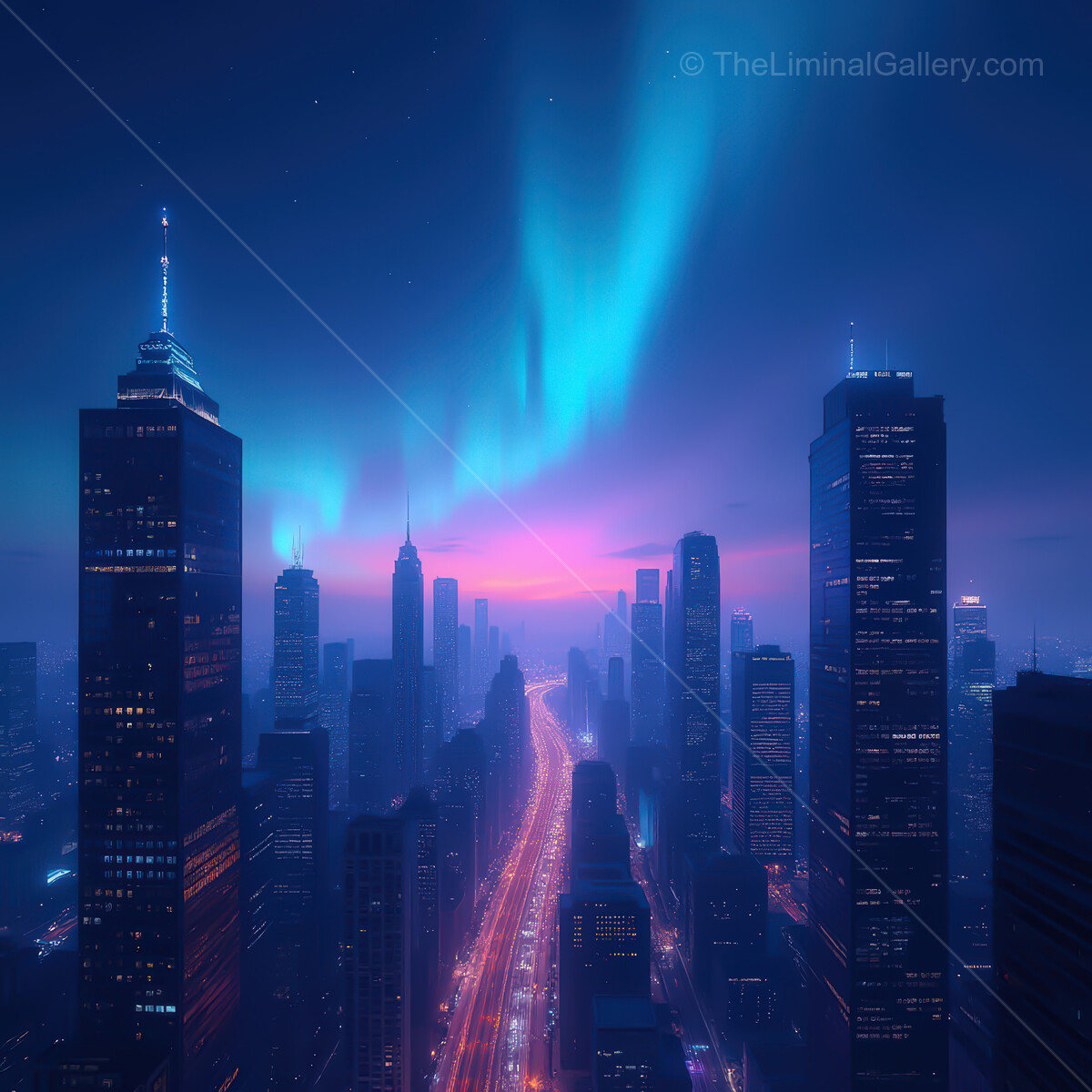 Vibrant synthwave cityscape under the mesmerizing auroras at dusk with glowing skyline and lively atmosphere