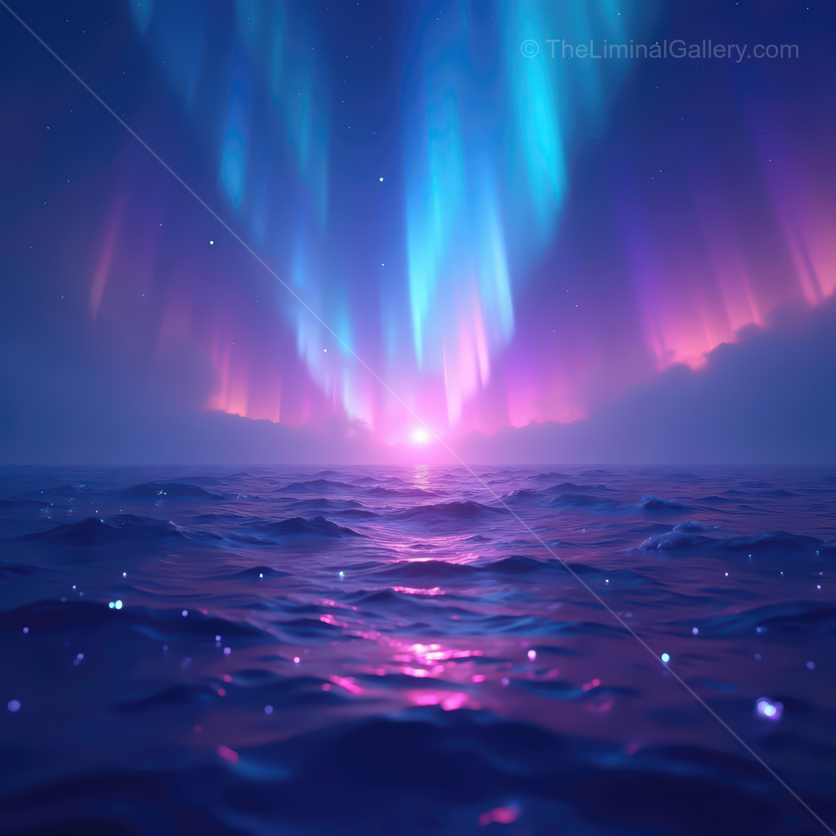 Stunning synthwave ocean scene with vibrant auroras dancing over calm waters at twilight
