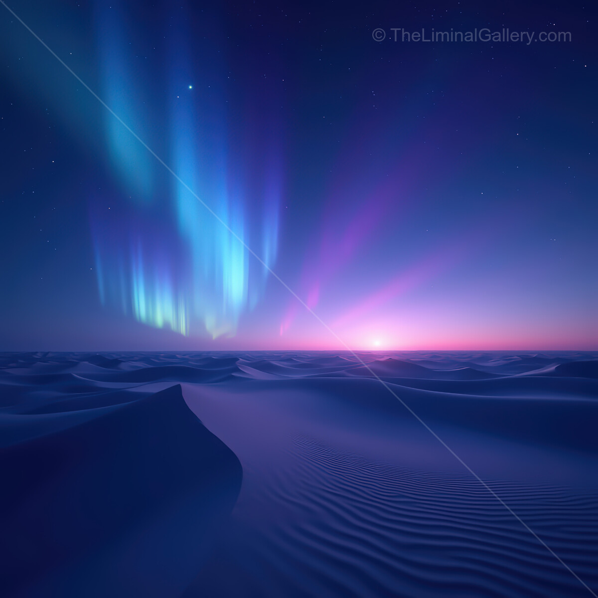 Vibrant synthwave desert at twilight with colorful auroras lighting up the night sky