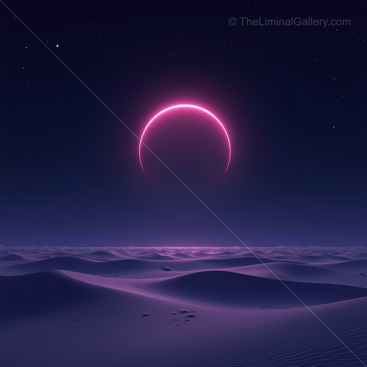 Expansive synthwave desert under a cosmic moonlit glow illuminating the endless sands