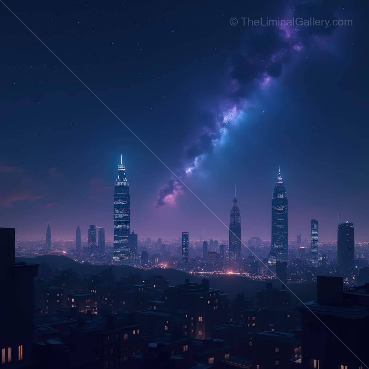 Vibrant synthwave city skyline at night with cosmic nebula illuminating the horizon