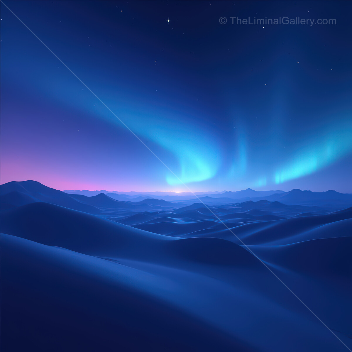 Explore the vibrant synthwave desert under starry skies and dancing auroras at twilight