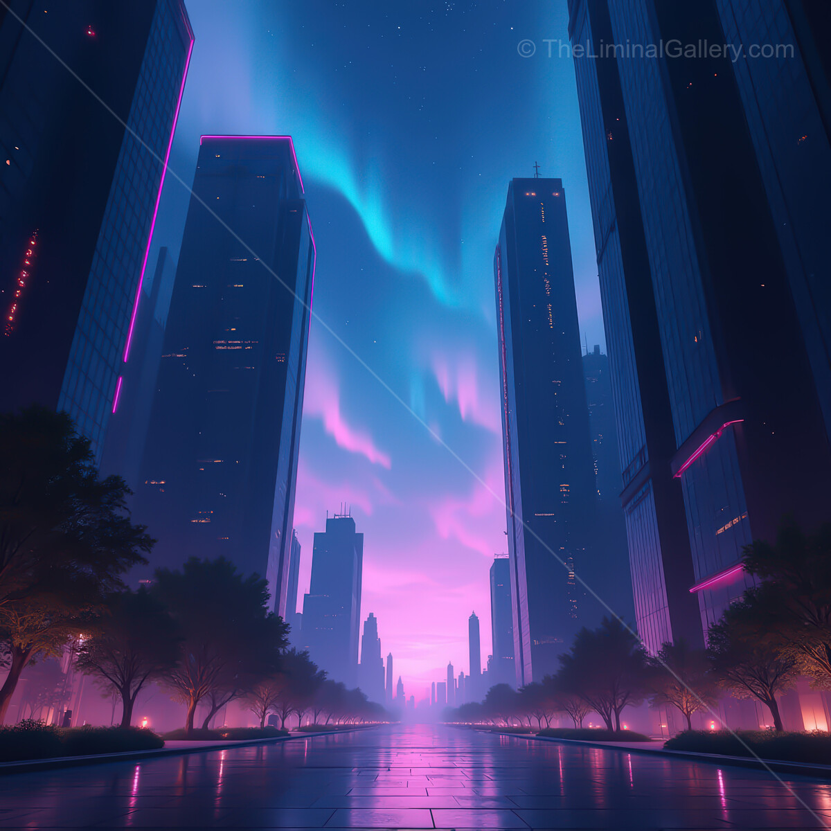 Vibrant synthwave cityscape under a dazzling aurora sky at twilight