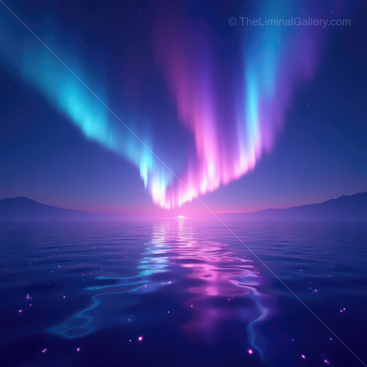 Vibrant synthwave ocean reflecting stunning auroras in a dreamy twilight sky