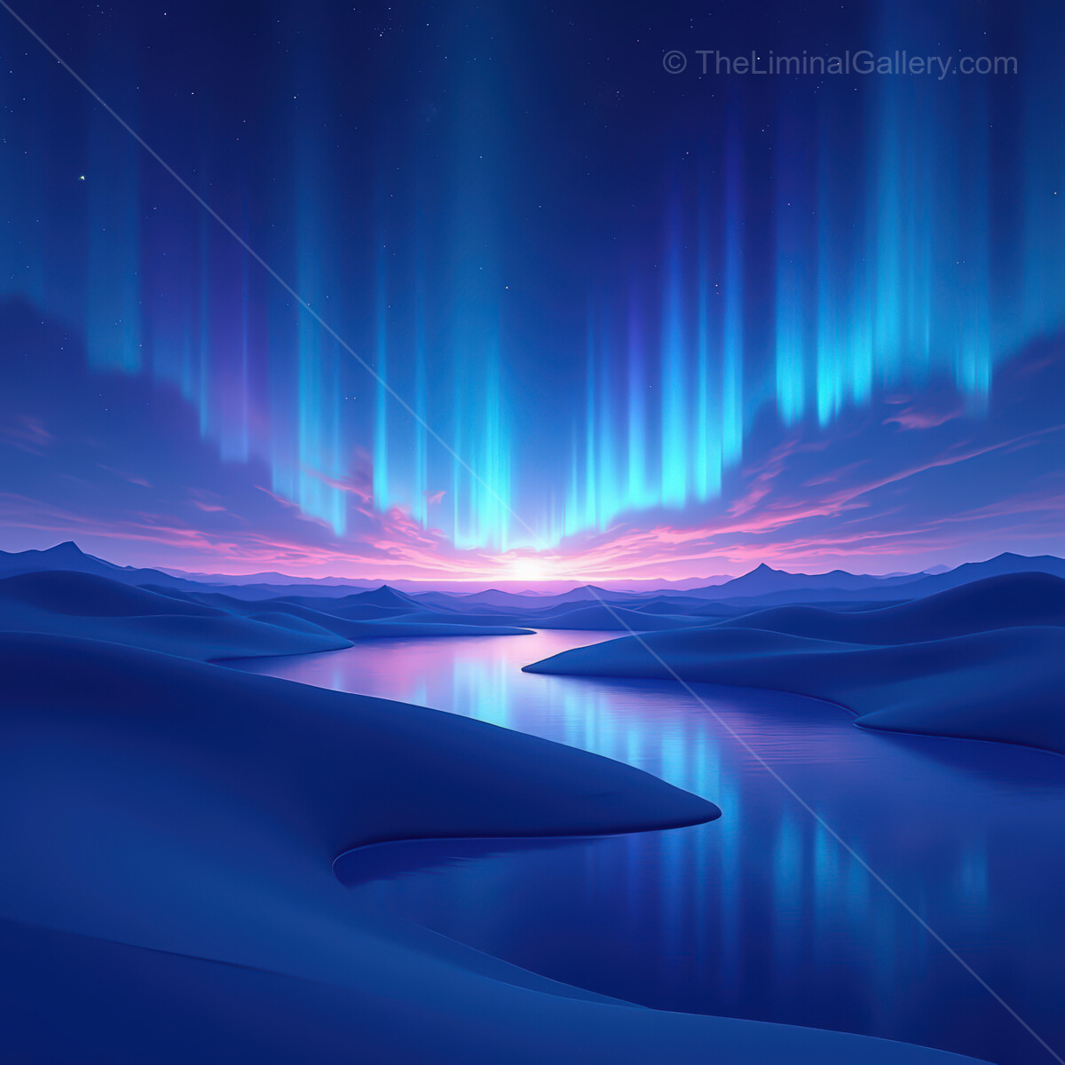 Vibrant synthwave desert landscape with dazzling auroras dancing over serene waters at twilight