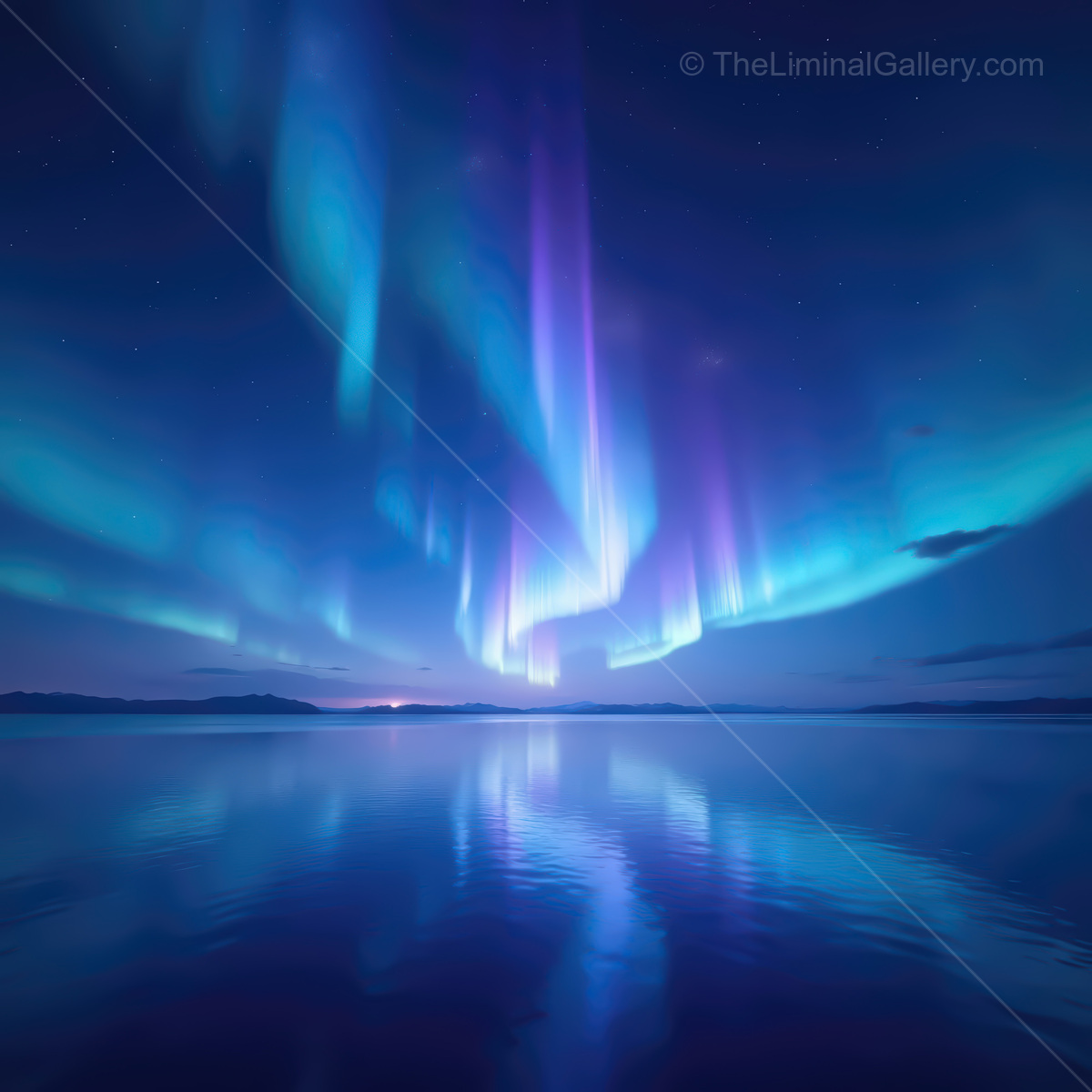 Vibrant synthwave ocean under a dazzling display of neon auroras on a tranquil night