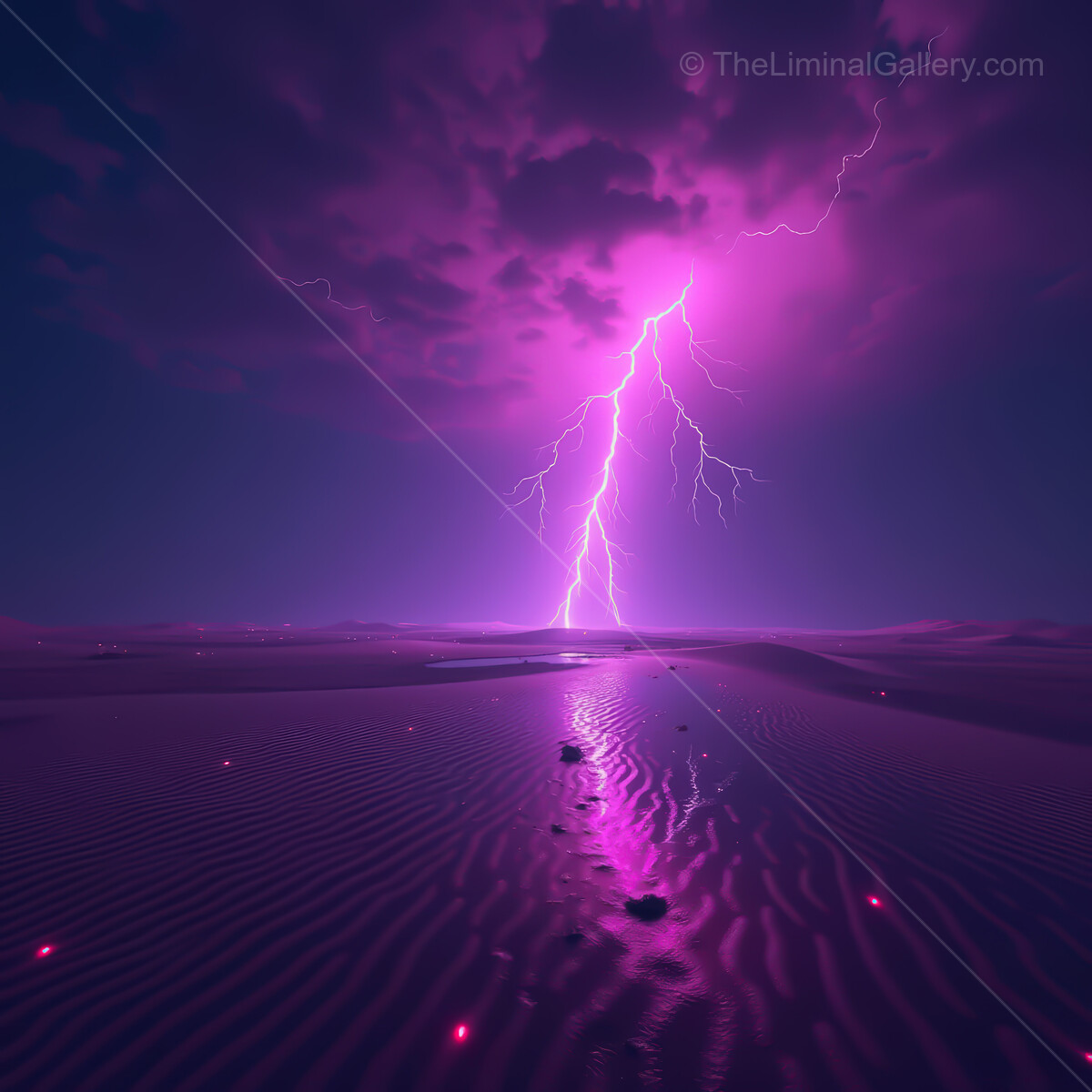Striking lightning illuminates a vibrant synthwave desert under a dusky sky filled with electric energy