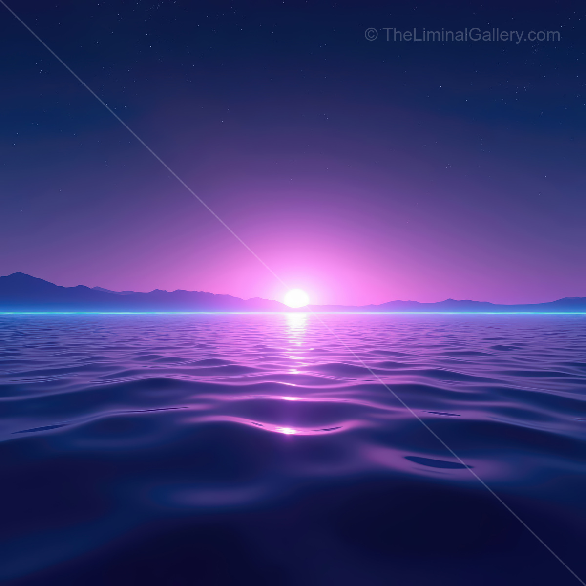 Vibrant synthwave ocean at dusk with glowing waves and a striking purple sunset above serene waters
