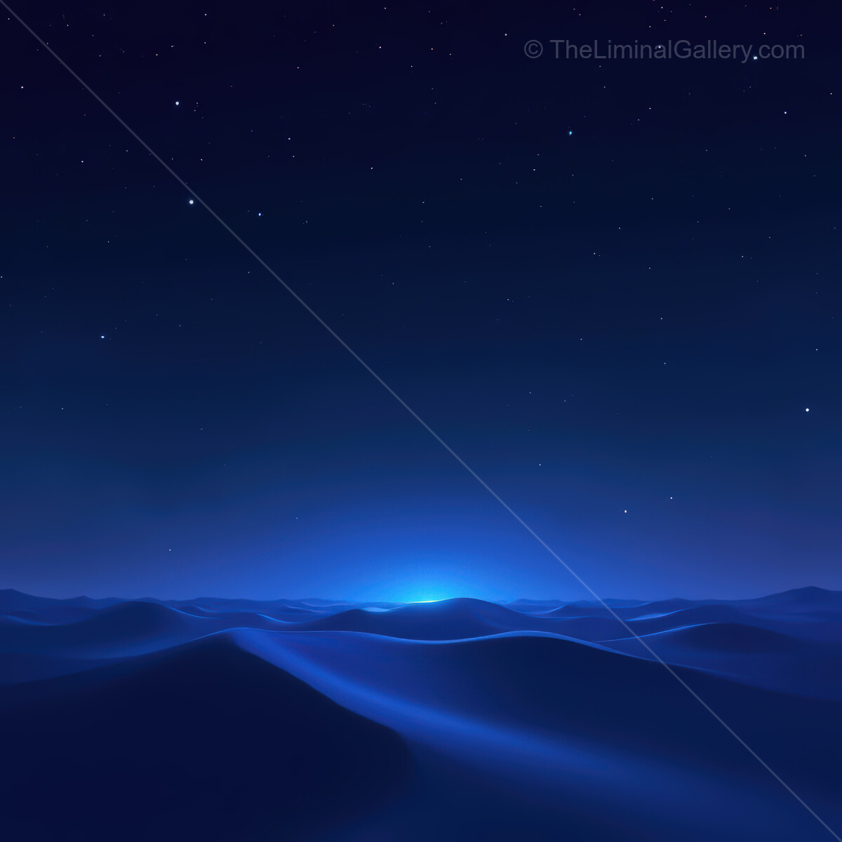 Vibrant synthwave desert under a starlit sky filled with deep blue waves and glowing horizons