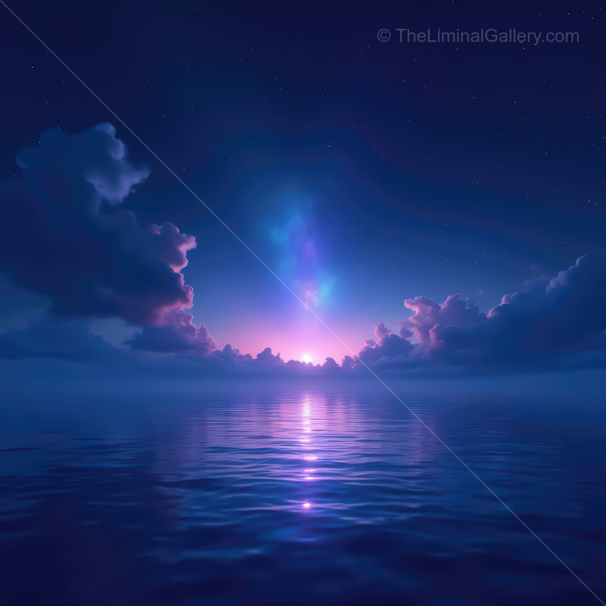 Mesmerizing synthwave ocean at dusk, where vibrant hues blend and dance upon the tranquil water