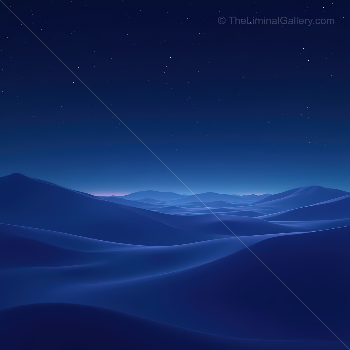 Vibrant synthwave desert at twilight, blending deep blues and purples with a hint of glowing horizon