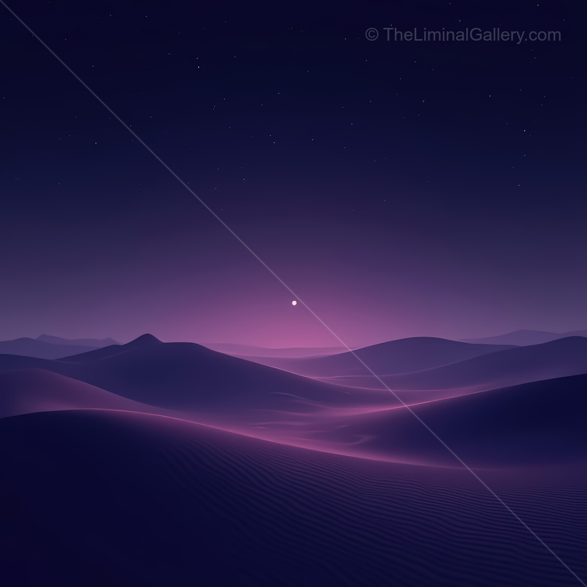 Vibrant synthwave desert landscape under a starry night sky showcasing endless sand dunes and a luminous horizon
