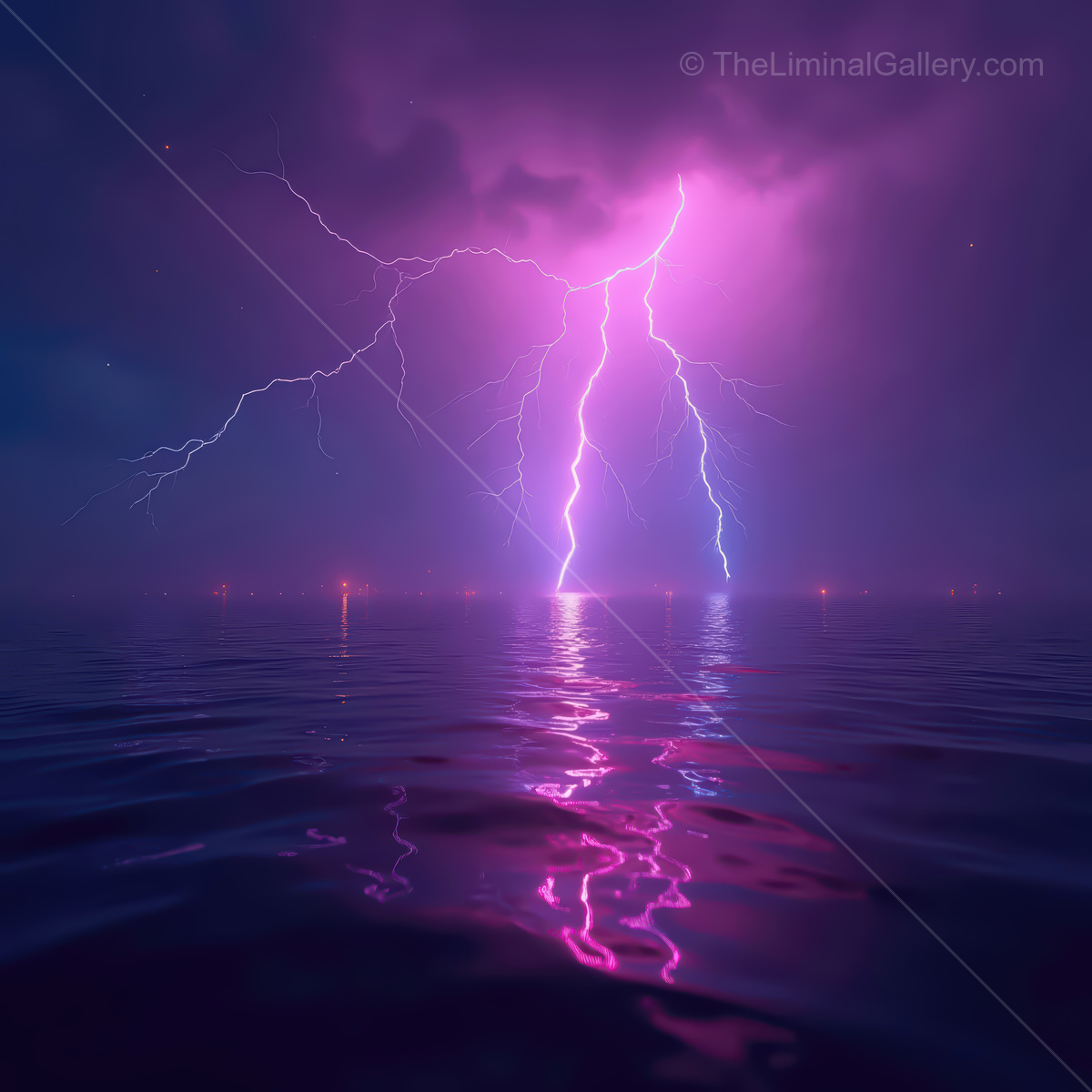 Vivid lightning bolts illuminating a synthwave ocean at dusk with surreal colors and a tranquil atmosphere