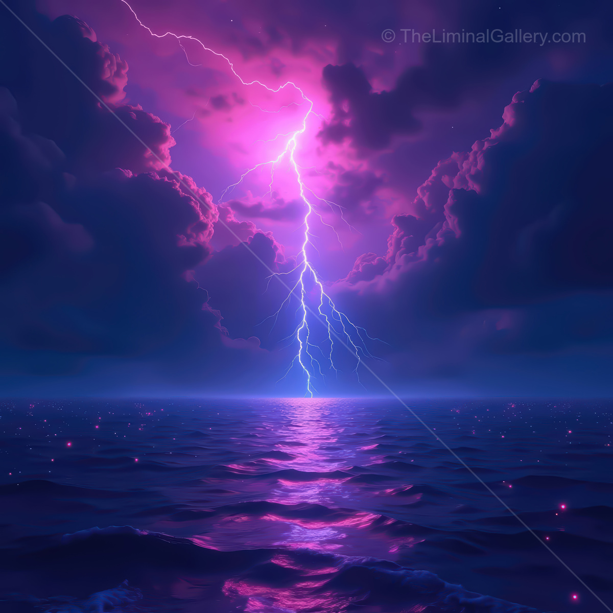 Mysterious lightning illuminates a synthwave ocean at twilight in a dreamlike landscape