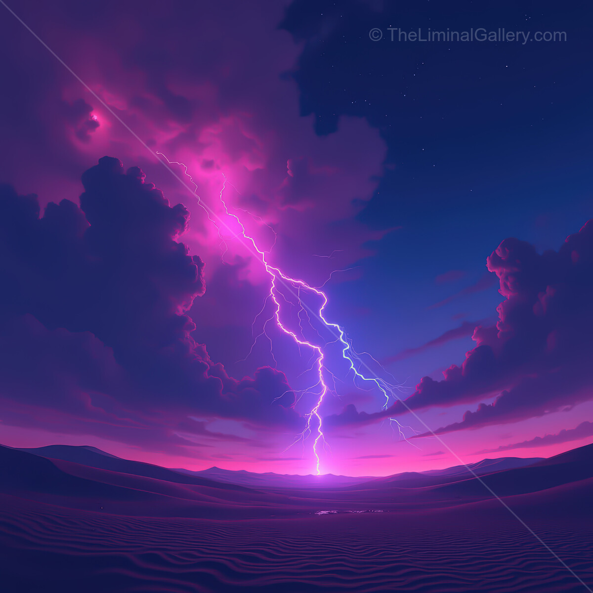 Vibrant synthwave desert scene illuminated by electric lightning and dreamy clouds at twilight