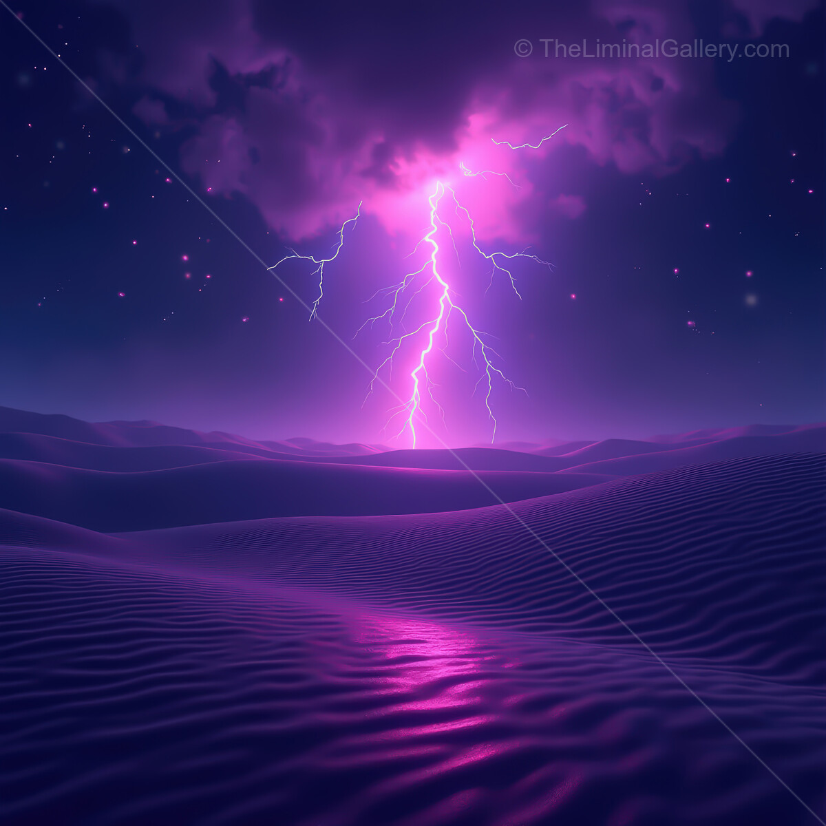 Vibrant synthwave storm over mystical desert at twilight ignites the night sky with electric energy and surreal colors