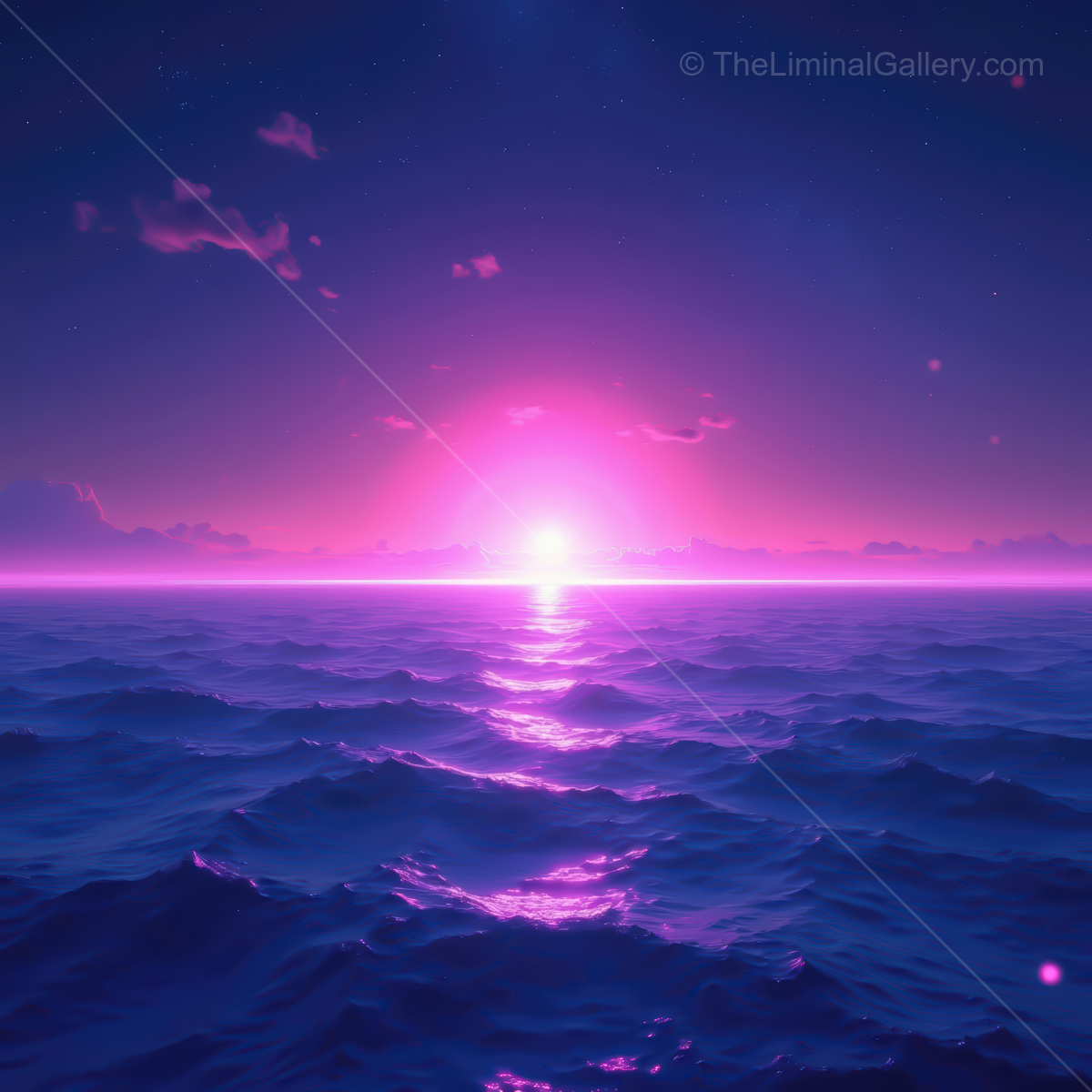Discover vibrant synthwave magic at dusk over the endless ocean waves, showcasing a mesmerizing horizon filled with neon colors and tranquility