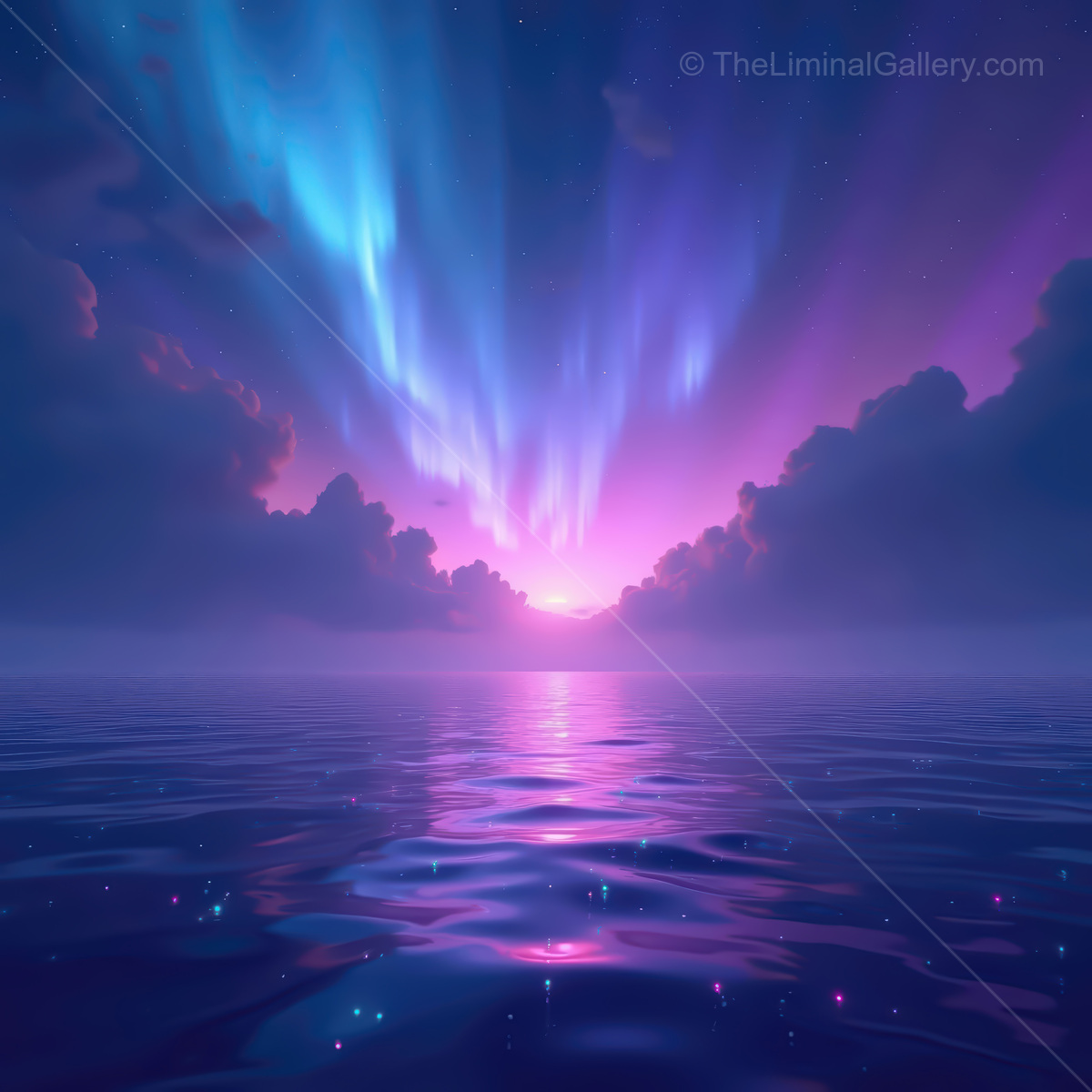 Vibrant synthwave ocean at twilight with glowing colors reflecting on calm waters