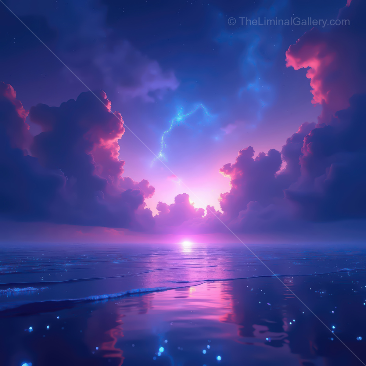 Vibrant synthwave ocean at twilight with glowing clouds and shimmering waters