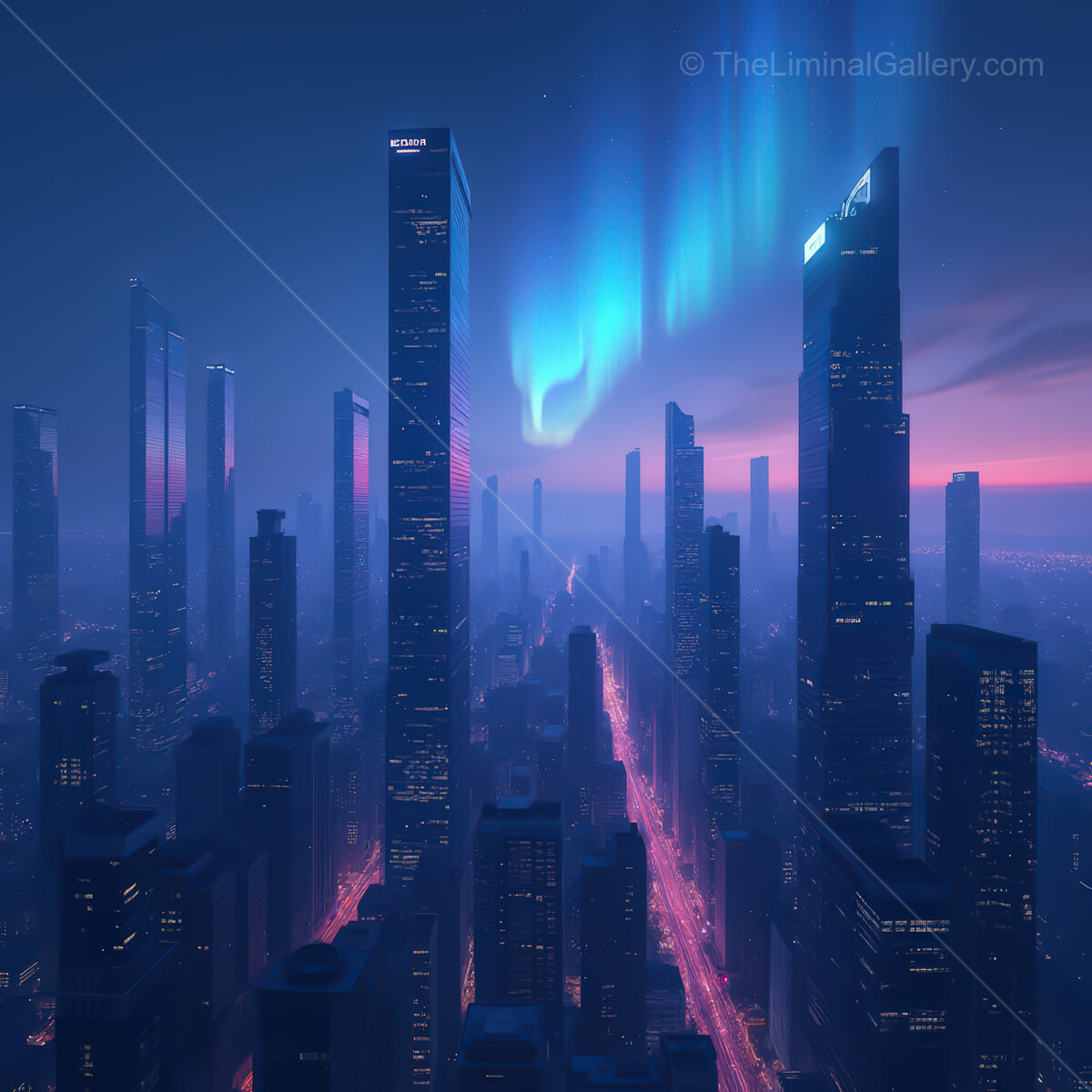 Vibrant synthwave city skyline illuminated by ethereal auroras in a twilight sky