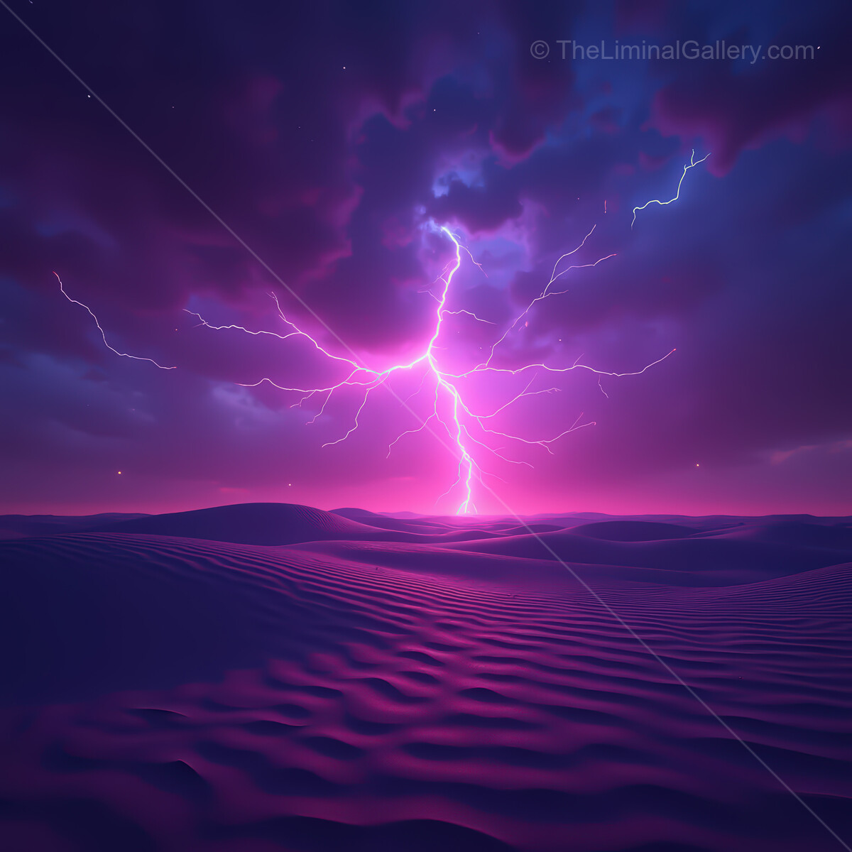 Vibrant lightning storm illuminates a synthwave desert landscape under a cosmic sky at dusk