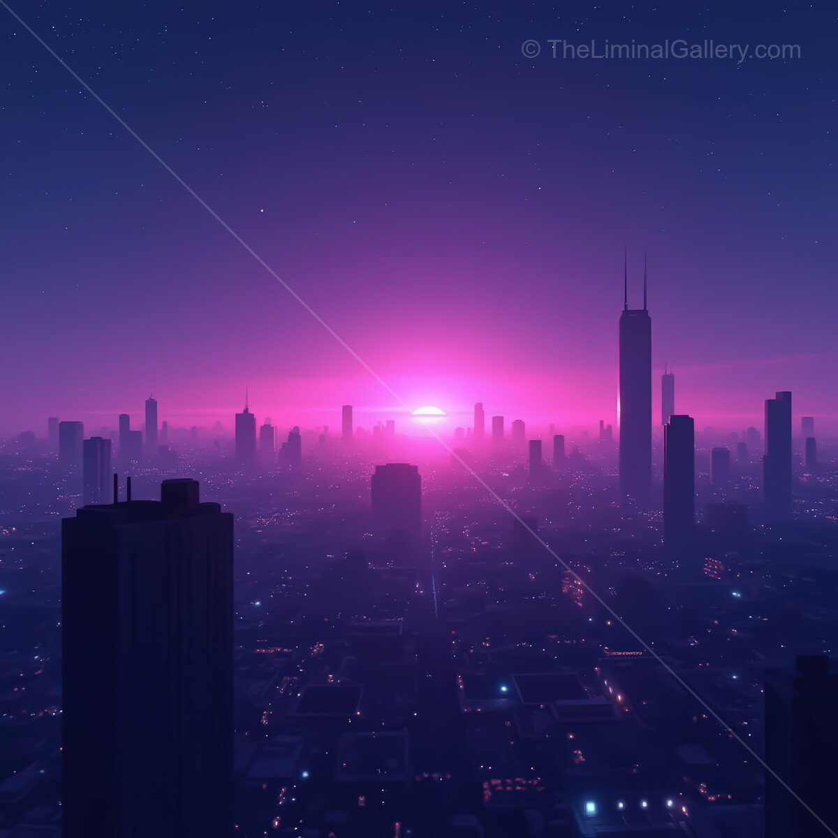 Vibrant synthwave city skyline illuminated by a mesmerizing sunset, capturing a blend of futuristic aesthetics and urban charm