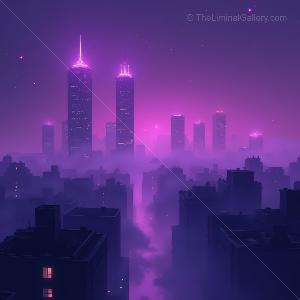 Vibrant synthwave cityscape with futuristic towers glowing under a neon twilight sky