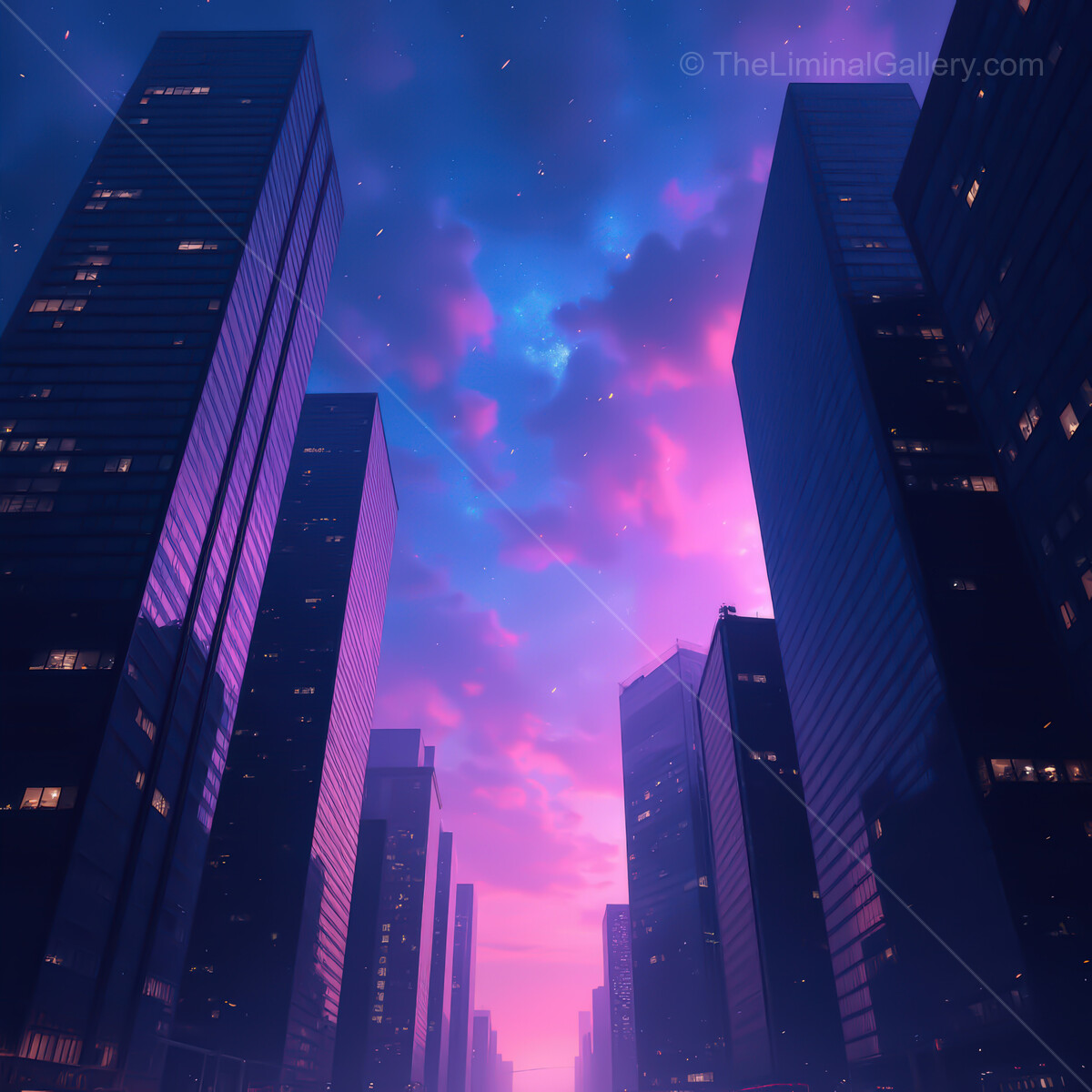 Glistening synthwave cityscape glowing under a vibrant twilight sky with striking clouds
