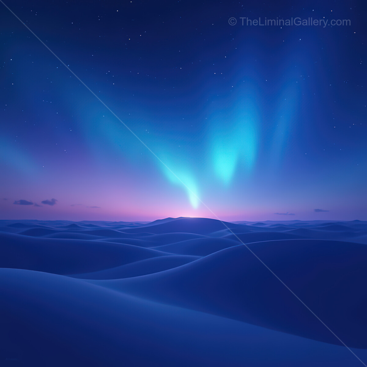 Starlit synthwave desert under a glowing aurora at dusk