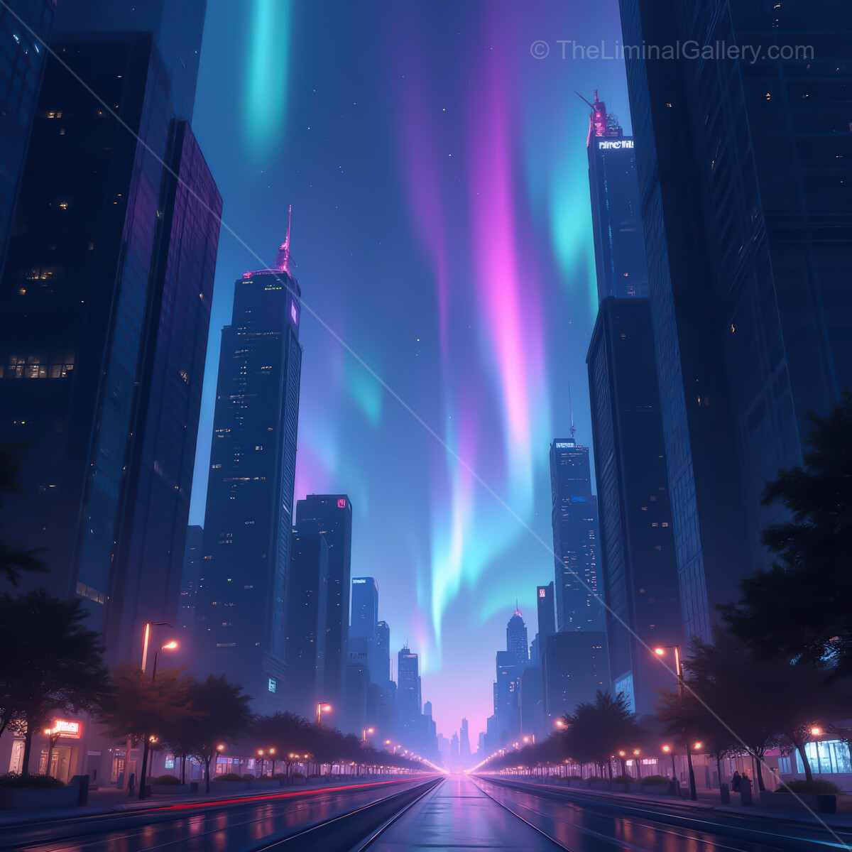 Vibrant synthwave cityscape under glowing auroras at dusk