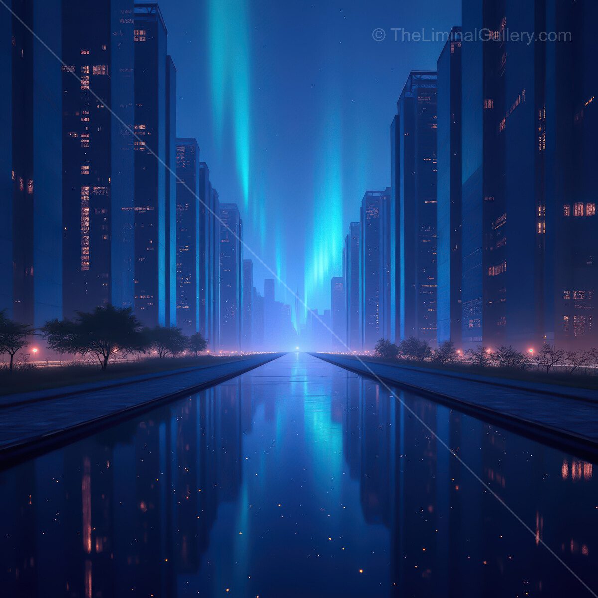 Glowing synthwave cityscape at night with towering skyscrapers and vibrant reflections