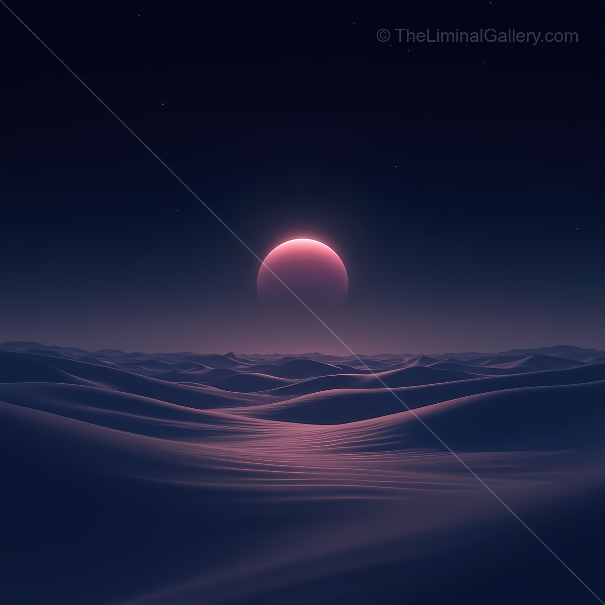 Stunning synthwave desert at dusk with a glowing horizon and tranquil waves of sand reflecting cosmic colors