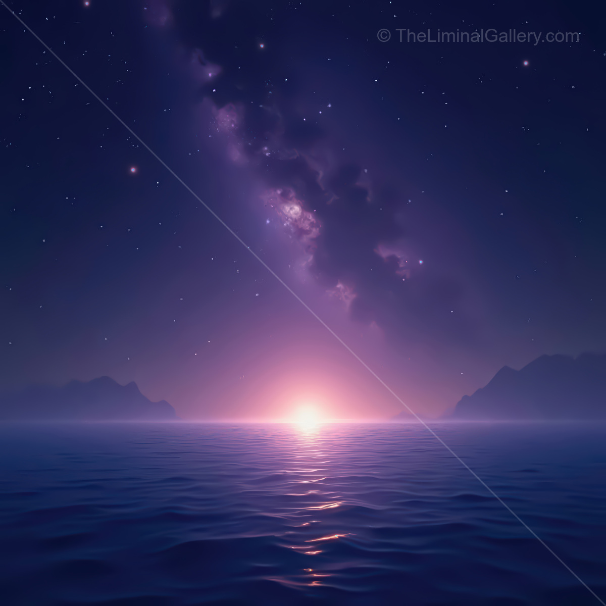 Stunning synthwave ocean landscape under a starry sky at twilight with glowing horizon