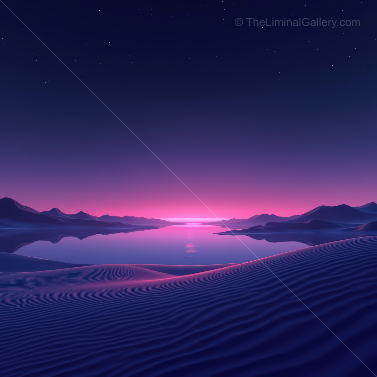 Vibrant synthwave desert landscape with glowing horizon under a starry night sky