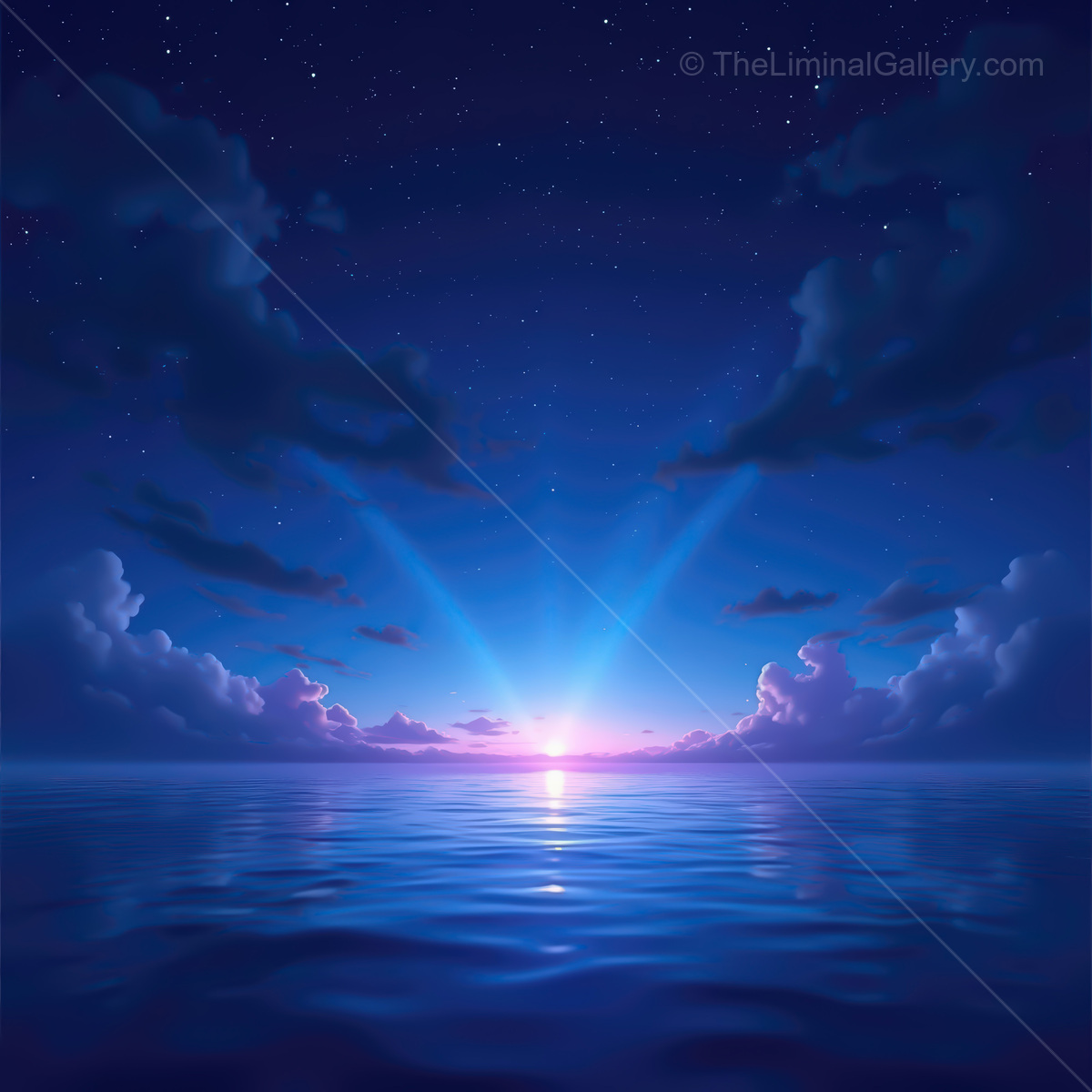 Glowing synthwave ocean at dawn with vibrant colors illuminating the horizon and reflecting on calm waters