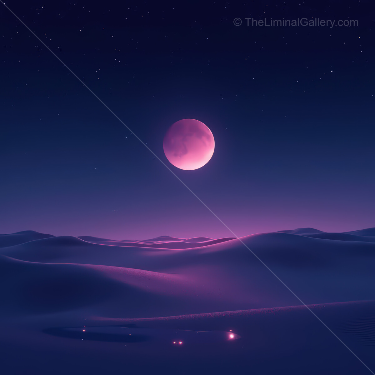 Vibrant synthwave desert under a glowing moon in a dreamy twilight landscape