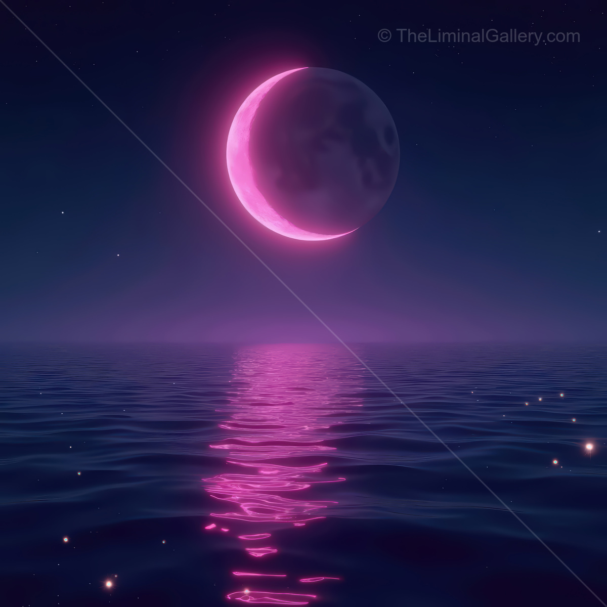 Enchanting synthwave ocean scene under a glowing moonlight at twilight