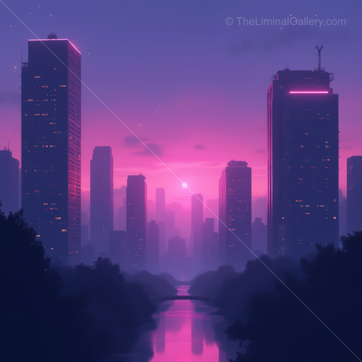 Vibrant synthwave city skyline at dusk with glowing buildings and reflective waters creating a dreamlike atmosphere