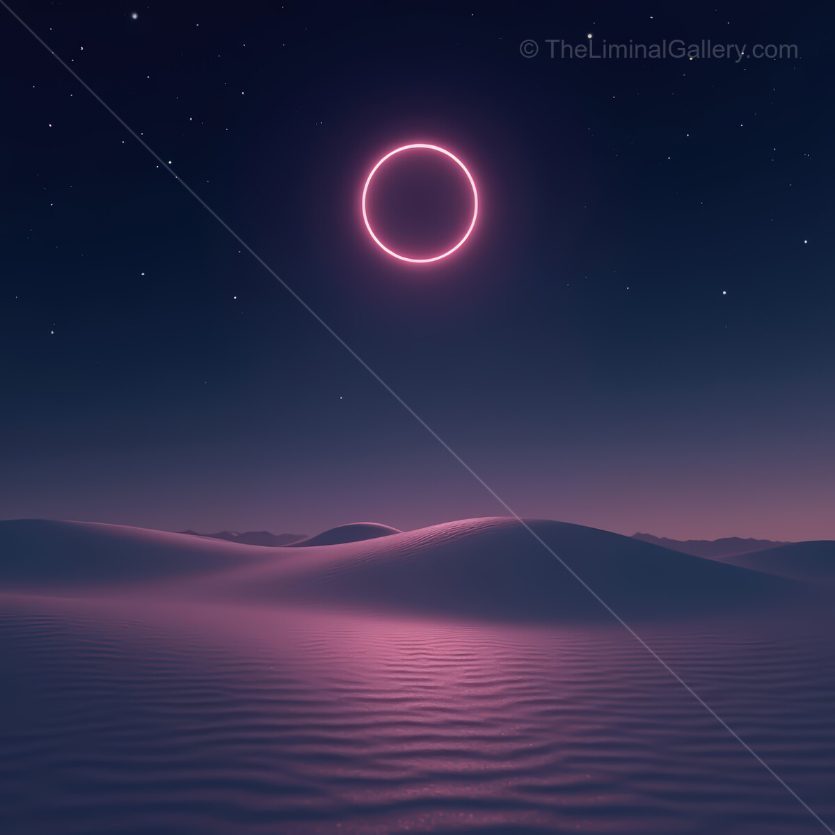 Vibrant synthwave desert under a glowing pink circle in a serene twilight sky