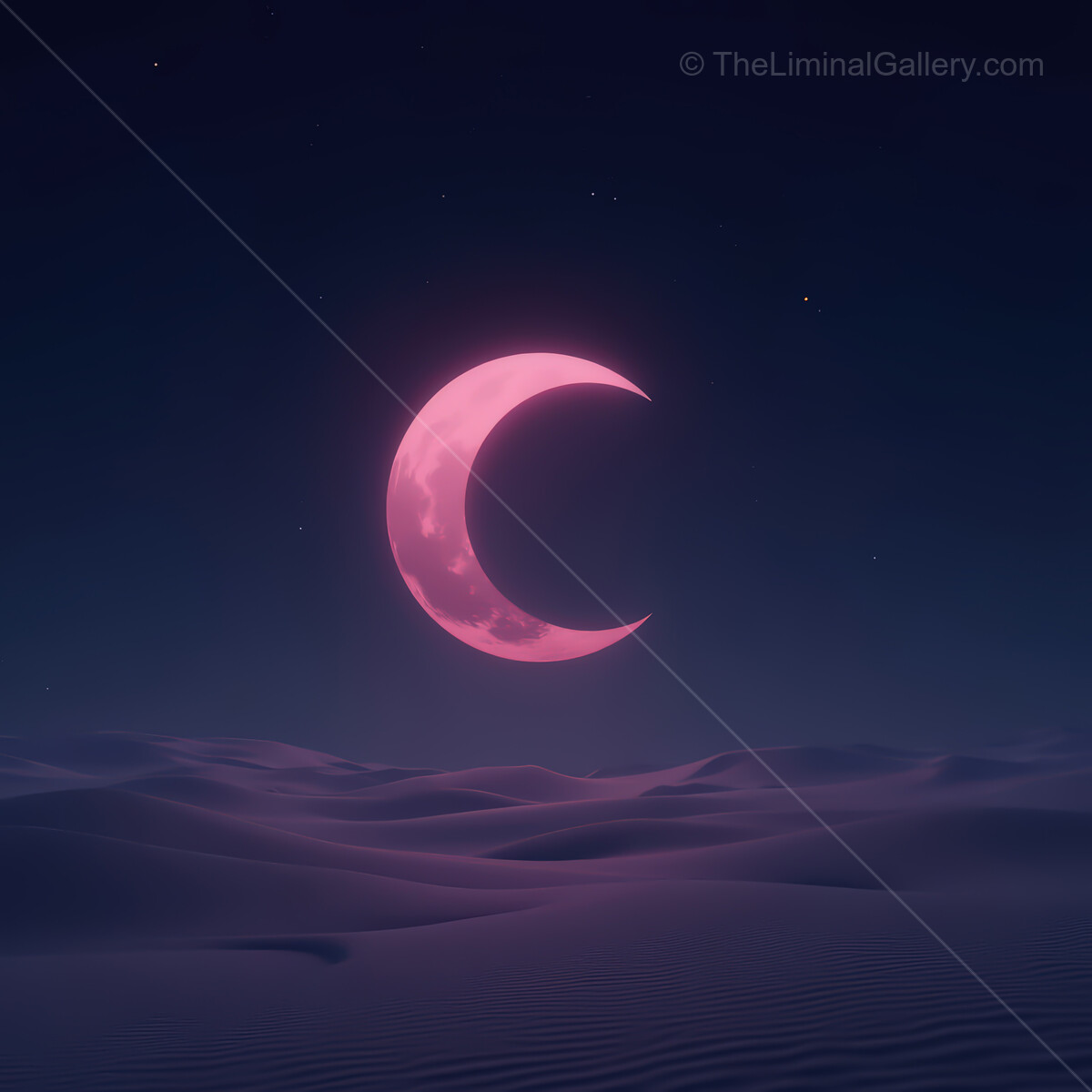 Dreamy synthwave desert with a glowing pink crescent moon illuminating the night sky