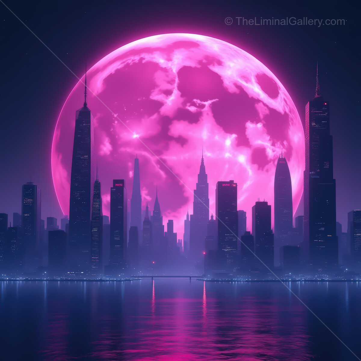 Explore a vibrant synthwave city under a glowing pink moon at night