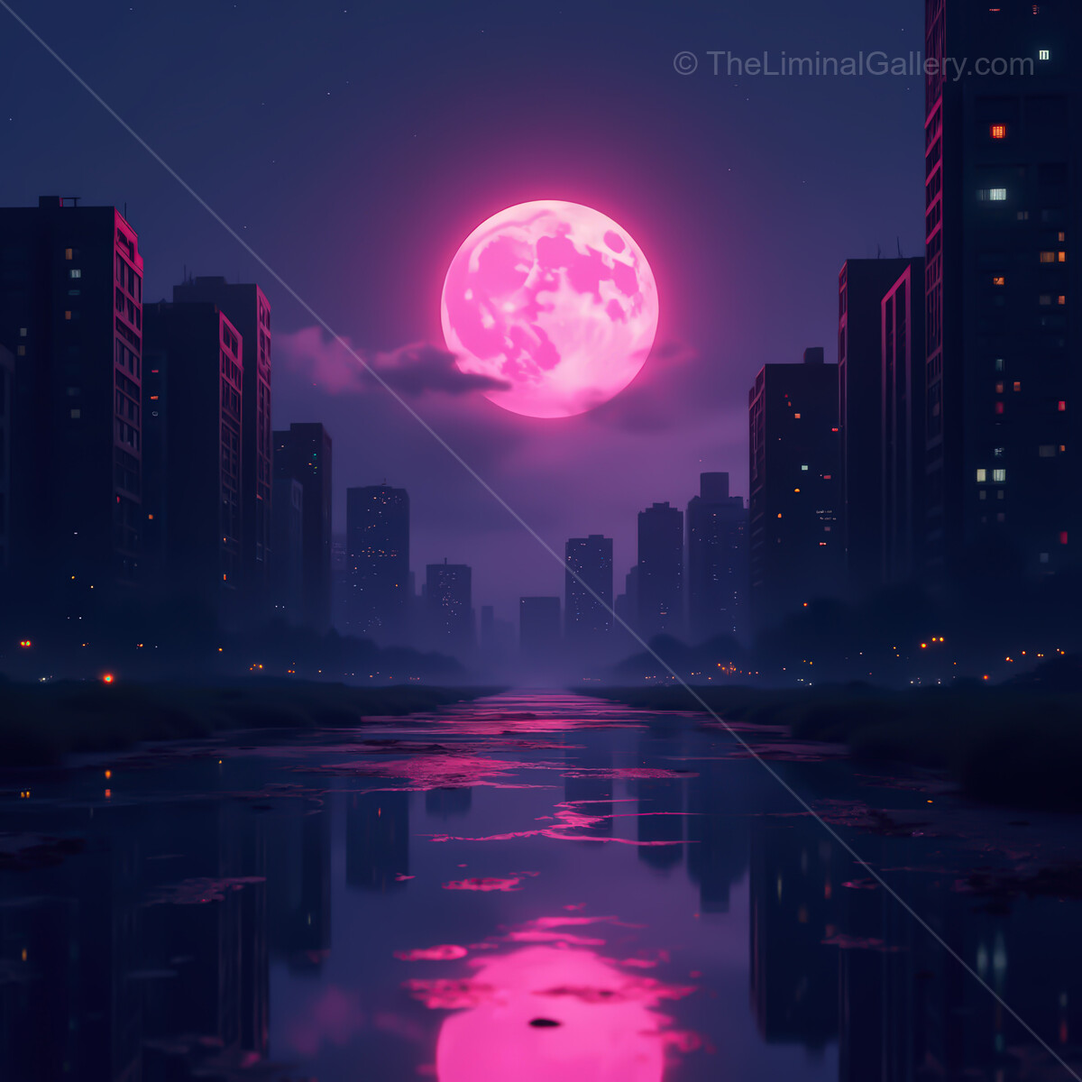 Vibrant synthwave cityscape under a glowing pink moon reflecting on still waters